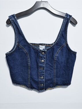 Japna Denim Crop Bustier Corset Top Blue Womens Buttons Accent Ruched